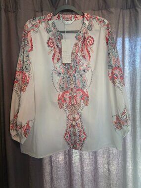 Tendency Women's Blouse Tops Size L Paisley White Long Sleeve NWT